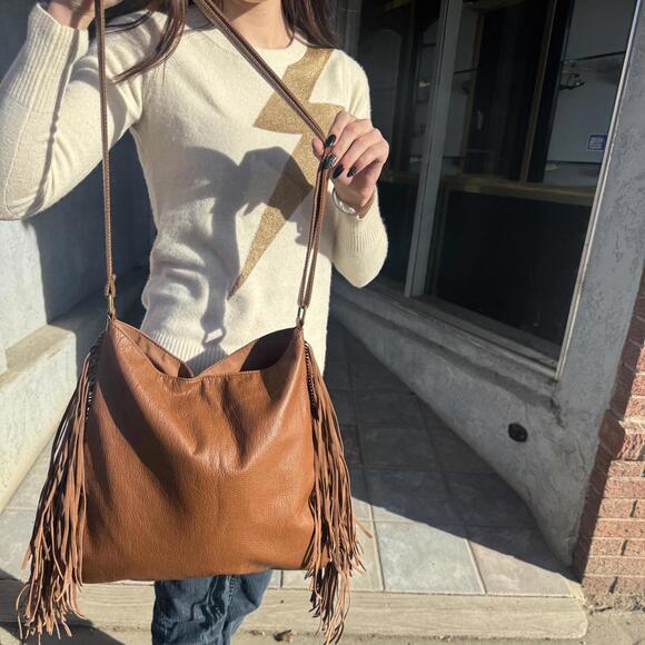 Y2K Brown Leather Fringe Crossbody Bag T-Shirt & Jeans Boho Western - Picture 4 of 4